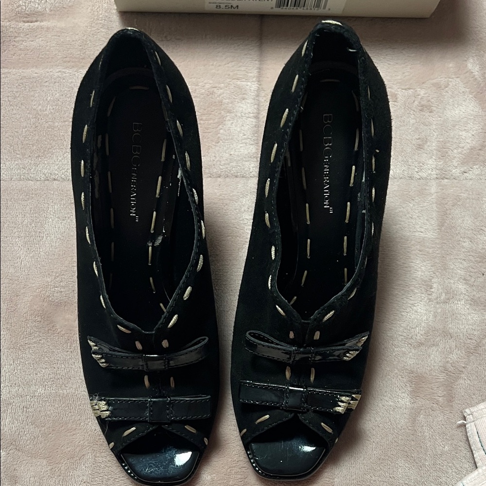 BCBGeneration Black and Cream Peep Toe Heels